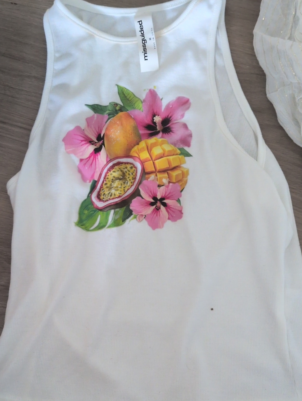 Missguided White Tropical Fruit & Flower Graphic Tank